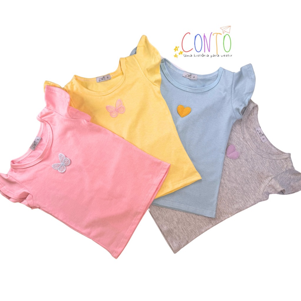 kit 3 camiseta manguinha menina com detalhe aplique