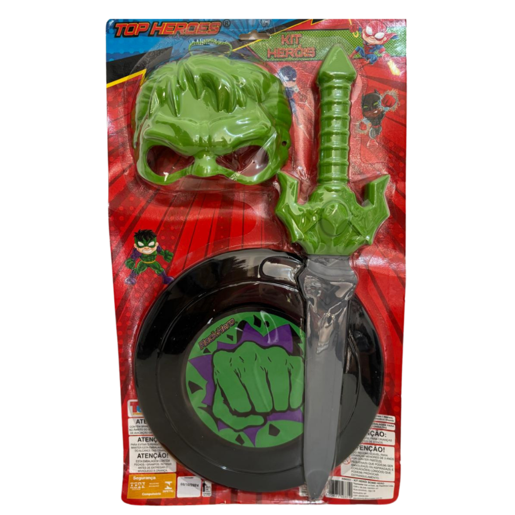 Kit HULK COMBO 03 Peças/Brinquedos Herói Verde: Máscara + Escudo + Espada Plástica