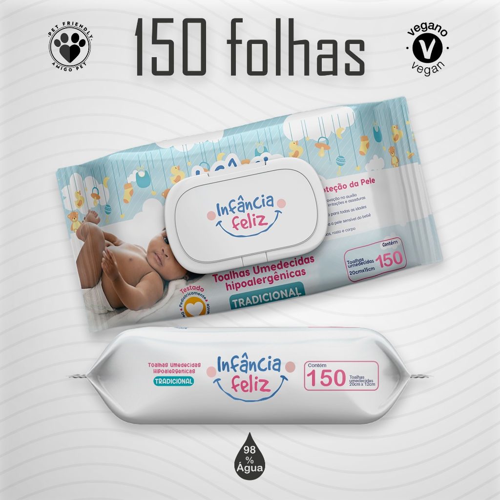 Kit com 10 Pacotes de Toalhas Umedecidas Infância Feliz - 150 folhas Com Tampa Flip Top 98...