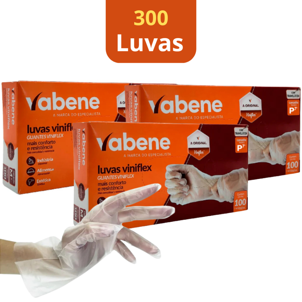 Kit 300 Unid Luva Descartável Viniflex Preta / Transparente Vabene Sem Pó Tam. P - M - G