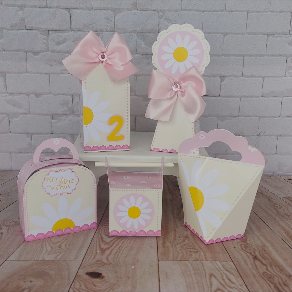 Kit Personalizados caixinhas MARGARIDA AMARELO E ROSA Lembrancinhas aniversário-Festa PEGUE E MONTE