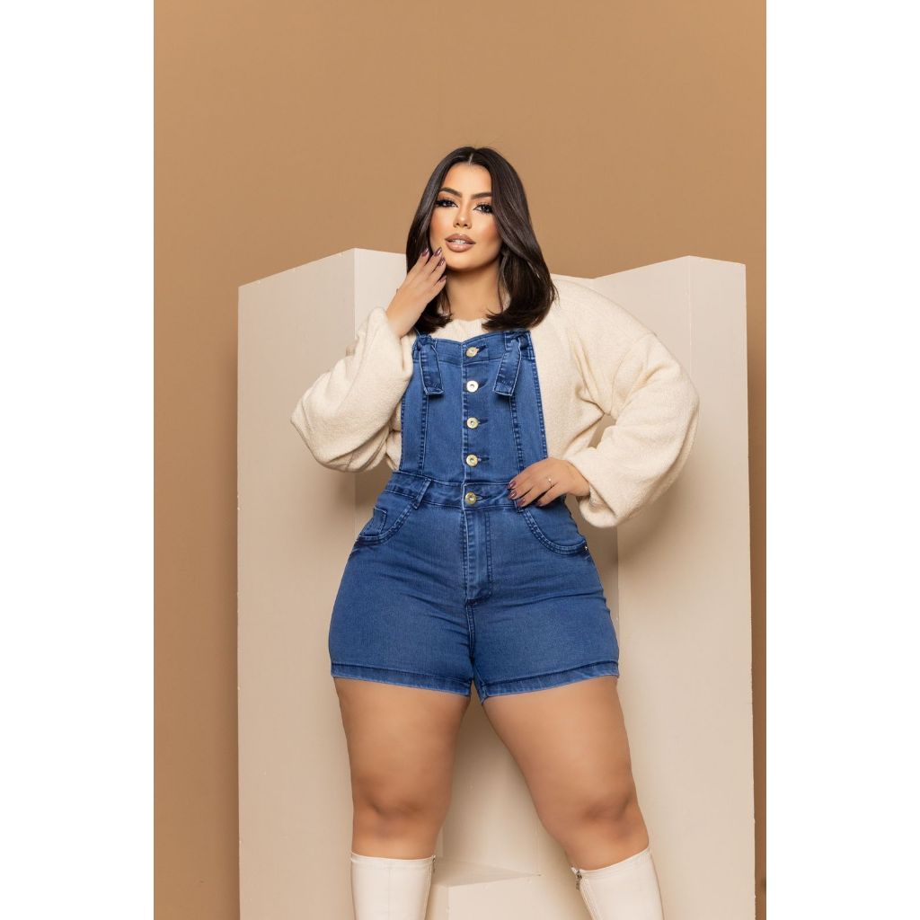 Jardineira Shorts Plus Size Feminina Salopete Macacão Jeans Com Elastano