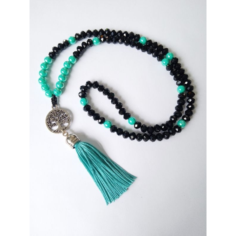 Imagem Japamala 108 Contas Cristal Negro e Acrílico Azul Celeste Com Pingente Árvore Da Vida  Rosário Budista Meditação Ref:362