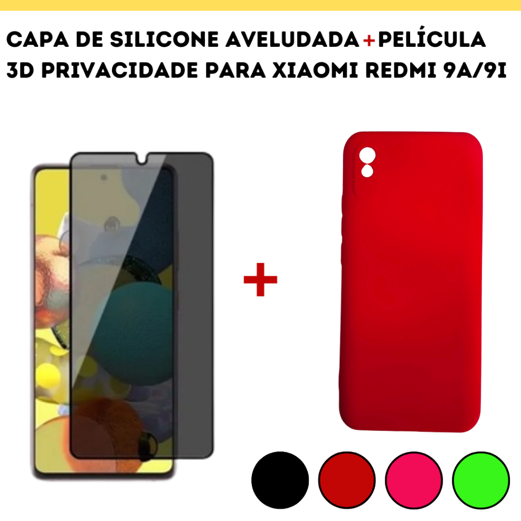 Kit Para Xiaomi Redmi 9A-9i / Capa de Silicone Aveludada + Película de Vidro 3D Privacidade Tela Inteira CM16/KT02