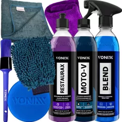Kit Lavagem Moto-V Blend Restaurax Vonixx 500ml Toalha De Secagem Pincel Luva Microfibra