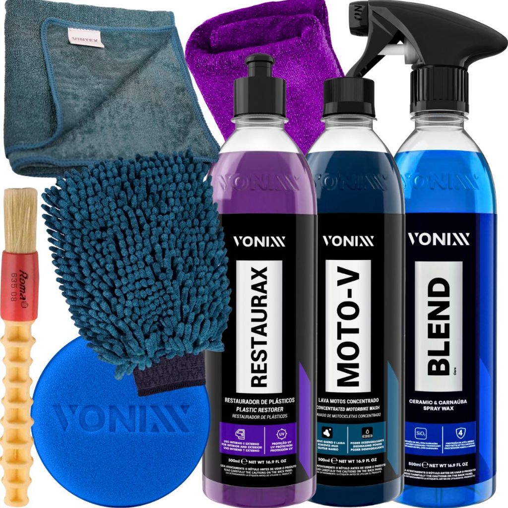 Kit Lavagem Moto-V Blend Spray Restaurax Toalha Pincel Luva Vonixx em Oferta na Shopee