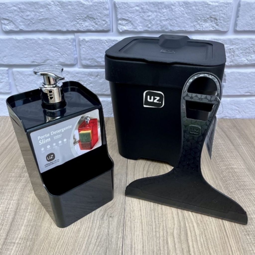 Kit Organizador Porta Detergente Esponja Bucha 500ml Uz399 + Lixeira Slim 2,5L Pia Cozinha - Cores