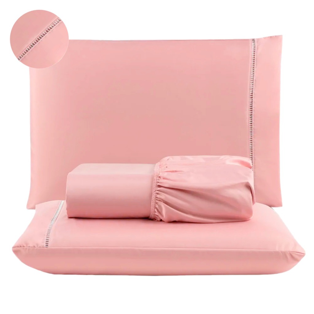 Jogo Lencol Roupa Cama Casal Padrao 03 peças C/Elastico liso Micropercal 400 fios com detalhe em ponto palito.