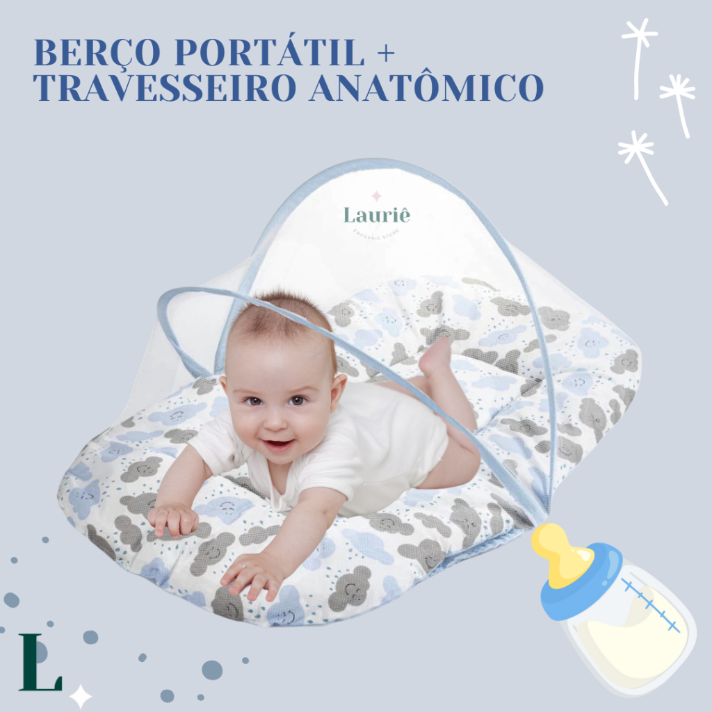 Kit Berço Portátil Com Mosquiteiro + Travesseiro Anatômico