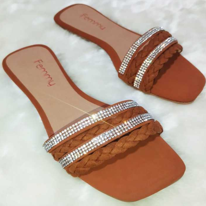 Sandália rasteira, 4 Tiras, Strass e Trança - Várias cores e confortável - Rasteirinhas Femmy 01 em Oferta na Shopee