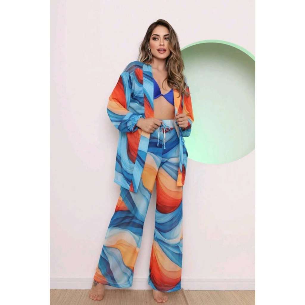 conjunto de praia tule estampado blusa e calça 4455 em Oferta na Shopee