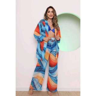 conjunto de praia tule estampado blusa e calça 4455 em Oferta na Shopee