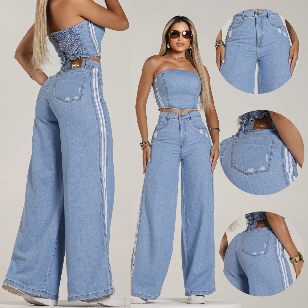 Calça Jeans Feminina Pantalona Feminina Listras Laterais Promoção — imagem 1