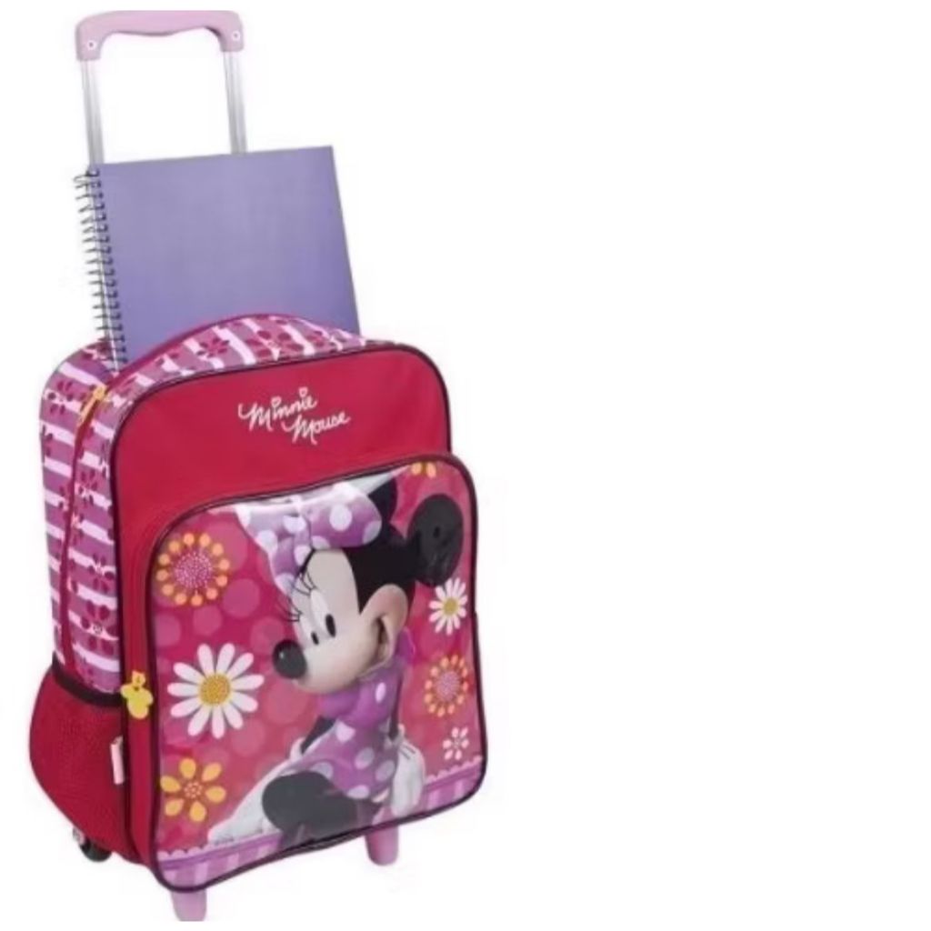 Mochila Infantil Minnie Mouse 16m Rodinha G 2 Bolsos Floral