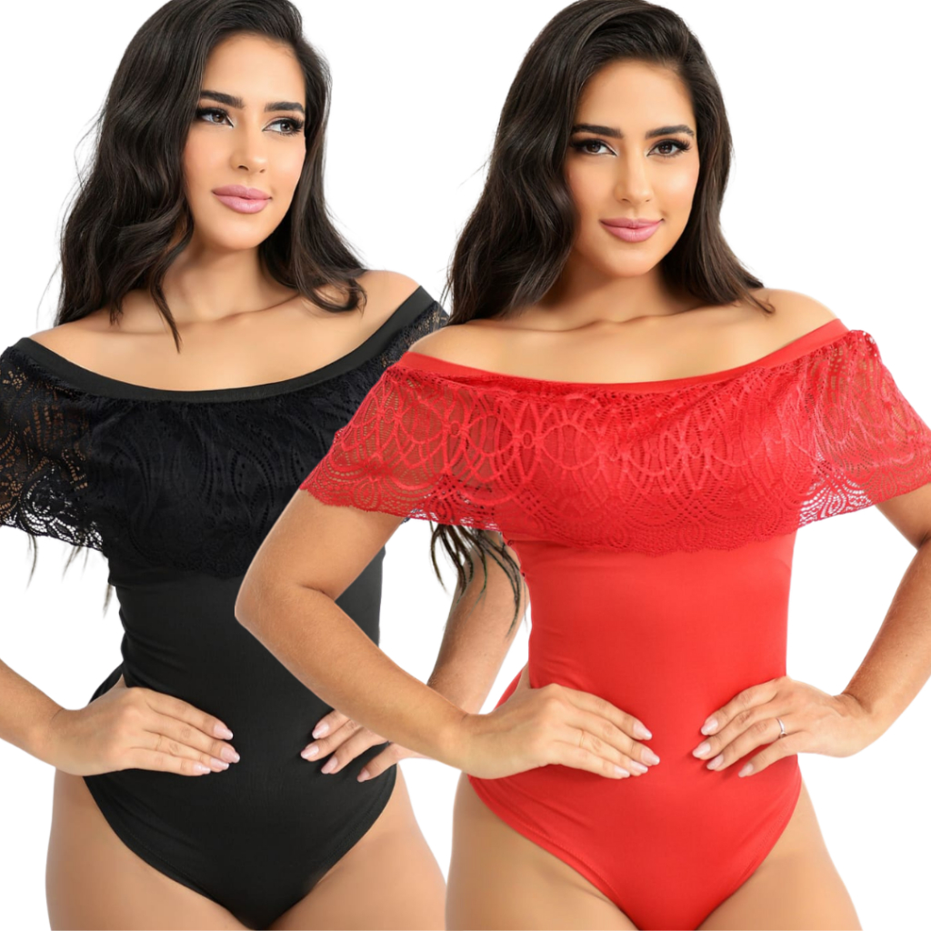 Kit 2 Body Feminino Ciganinha de Poliester Ombro a Ombro babado de Renda Fechado