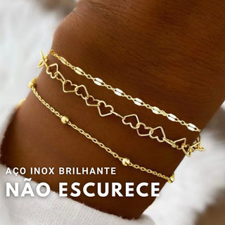 Kit 3 Pulseiras Coração Bolinha Delicado Dourado Aço inoxidável Hipoalergênica Corrente minimalista feminino