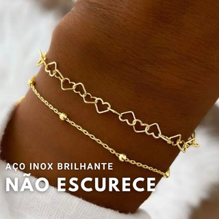 Kit Duas Pulseiras Coração e Bolinha Dourado Aço inoxidável não escurece Hipoalergênica Corrente minimalista feminino