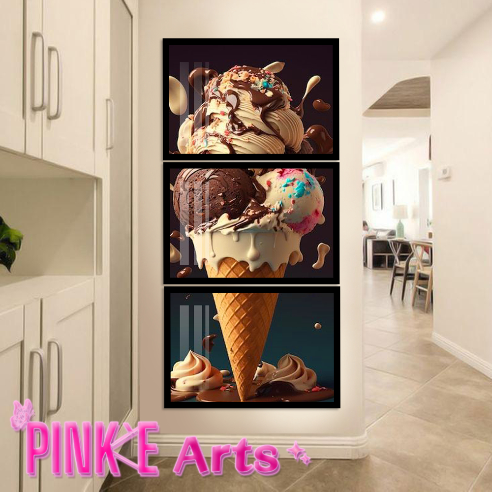 QUADRO DECORATIVO KIT 3 PEÇAS SORVETE SORVETERIA REFLEXO SORVETEIRO DECORAÇÃO PLACA MDF 4K FULL HD