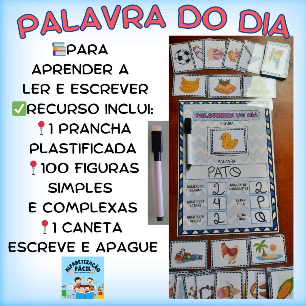 RECURSO PARA AUTISTA de Alfabetização ( 1 Prancha + 90 cards figuras simples e complexa  + caneta escreve e apague)