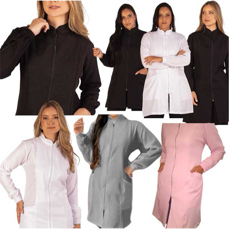 Jaleco Feminino Acinturado Oxford  preto e gabardine branco Manga Longa Com Zíper Gola Padre Várias Cores...