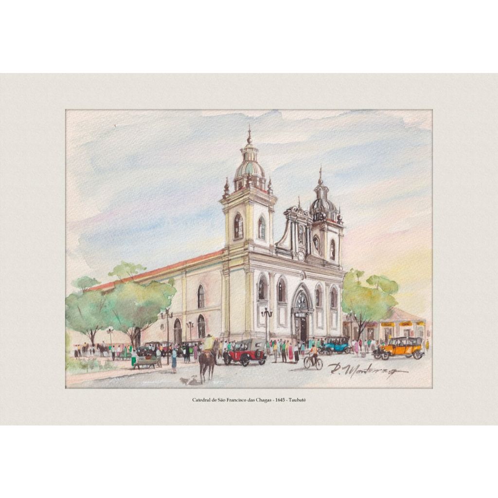 Catedral de São Francisco das Chagas - 1645 - Taubaté | Pintura Aquarela | Decoração Elegante | A4