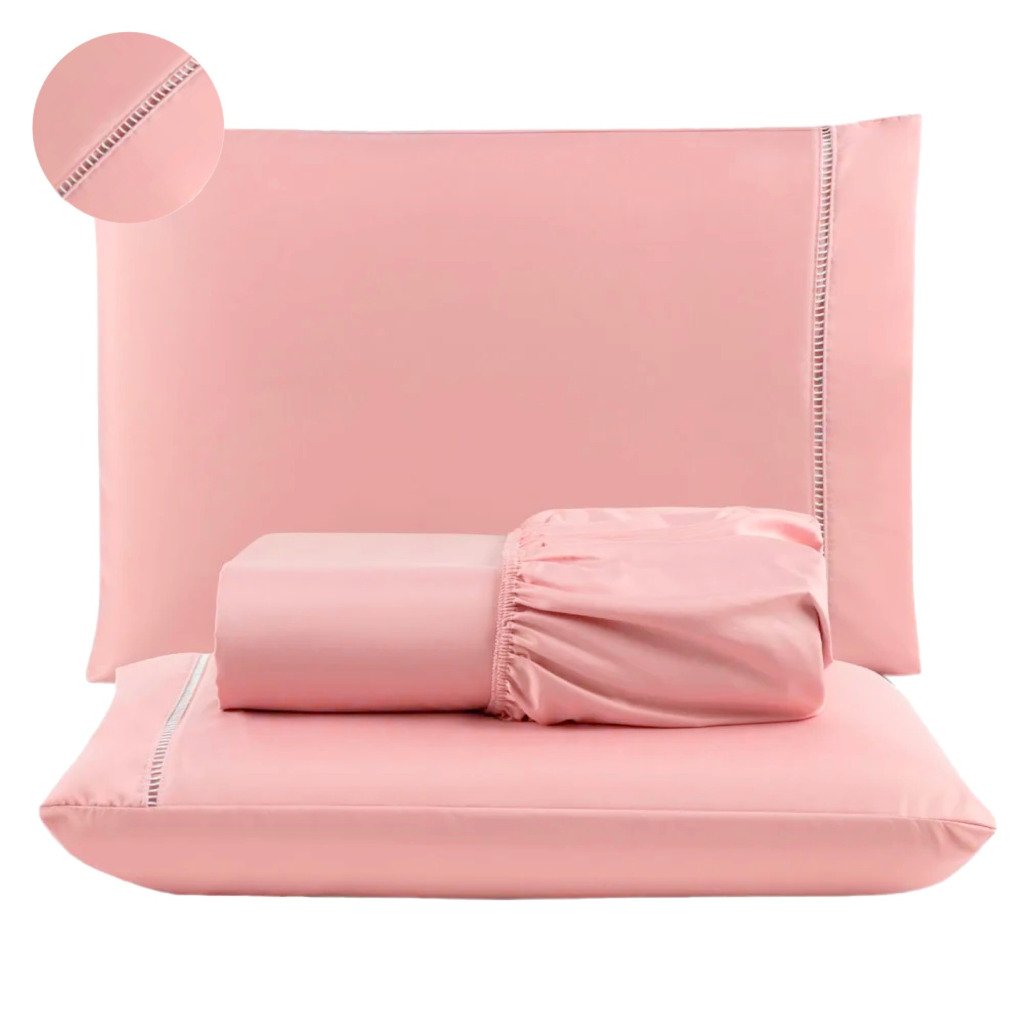 Jogo Lencol Roupa Cama Casal Padrao 03 peças C/Elastico liso Micropercal 400 fios com detalhe em ponto palito.