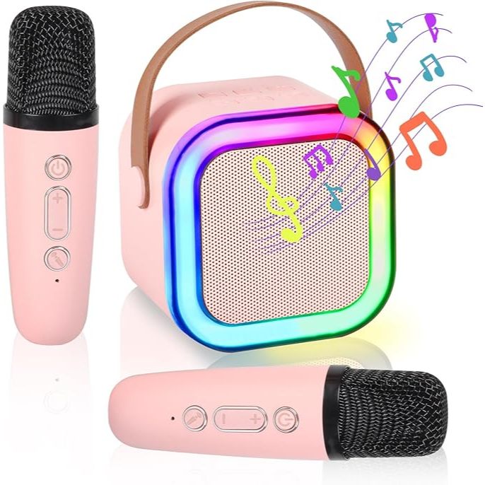 Caixinha de Som com 2 Microfones Sem Fio Portátil Infantil Alto-Falante Bluetooth Karaokê