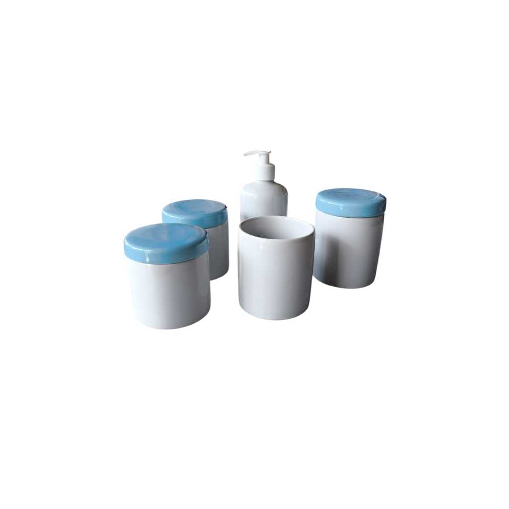 Kit Higiene para bebê menino potes tampa azul saboneteira liquida maternidade porta algodão cotonete