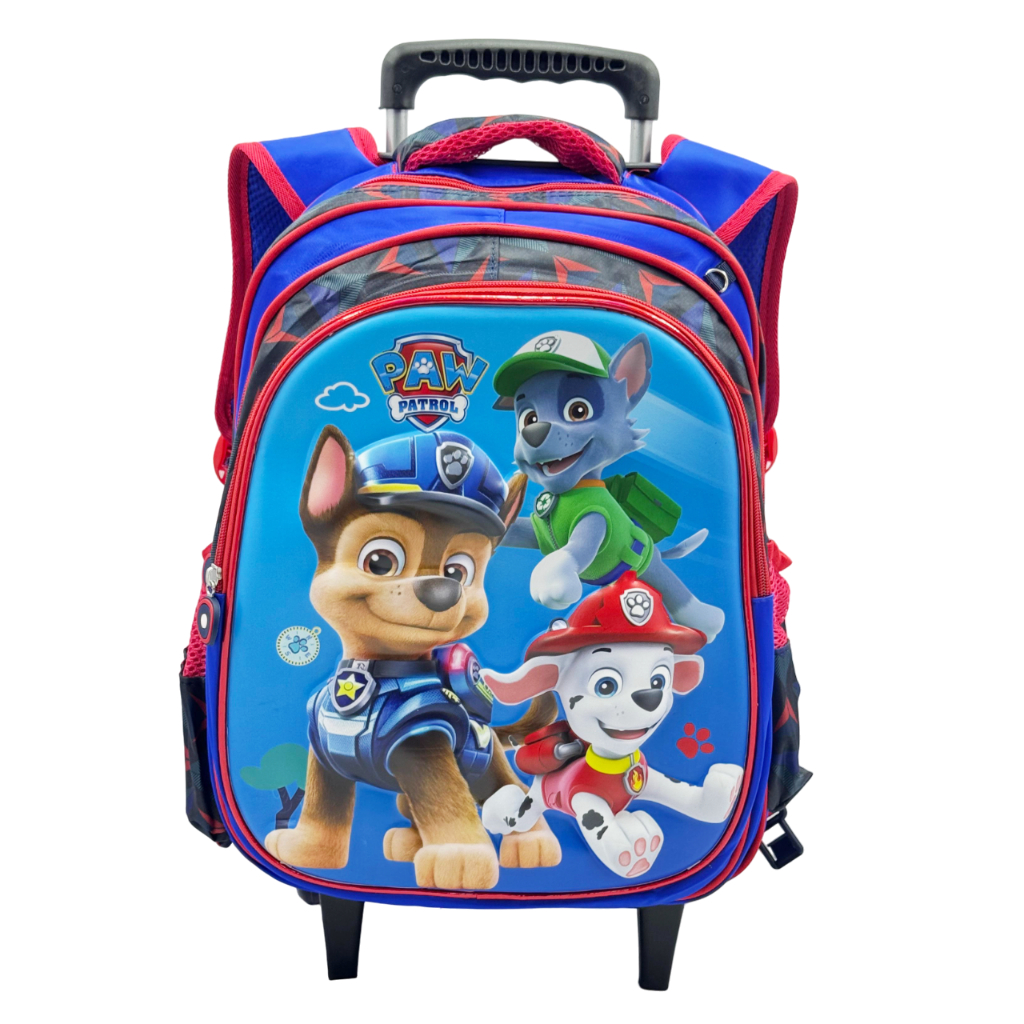 Mochila Escolar Infantil Carrinho Kit Com Estojo Lancheira Térmica Impermeável Rodinhas 3 Peças Menino e Menina Patrulha