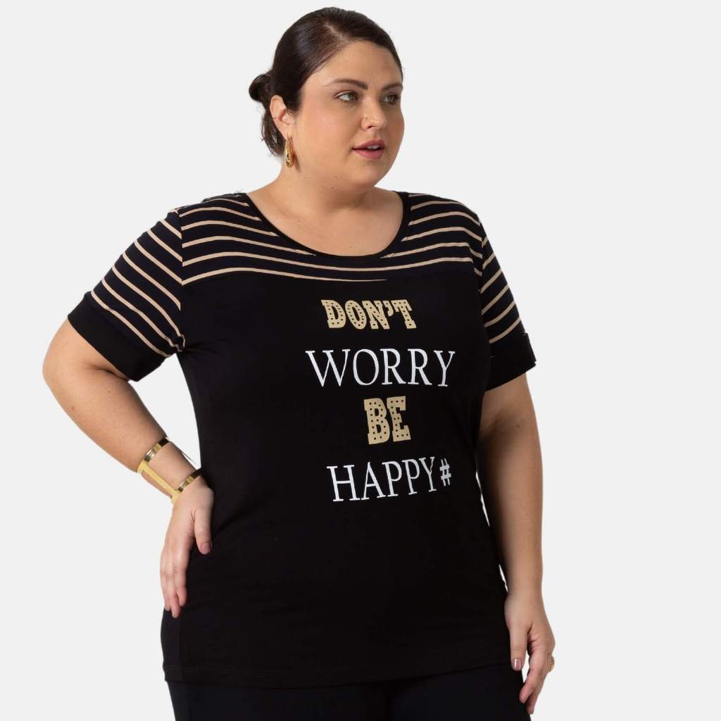 Blusa Listrada E Estampada Com Letreiro Moda Plus Size 102532-A