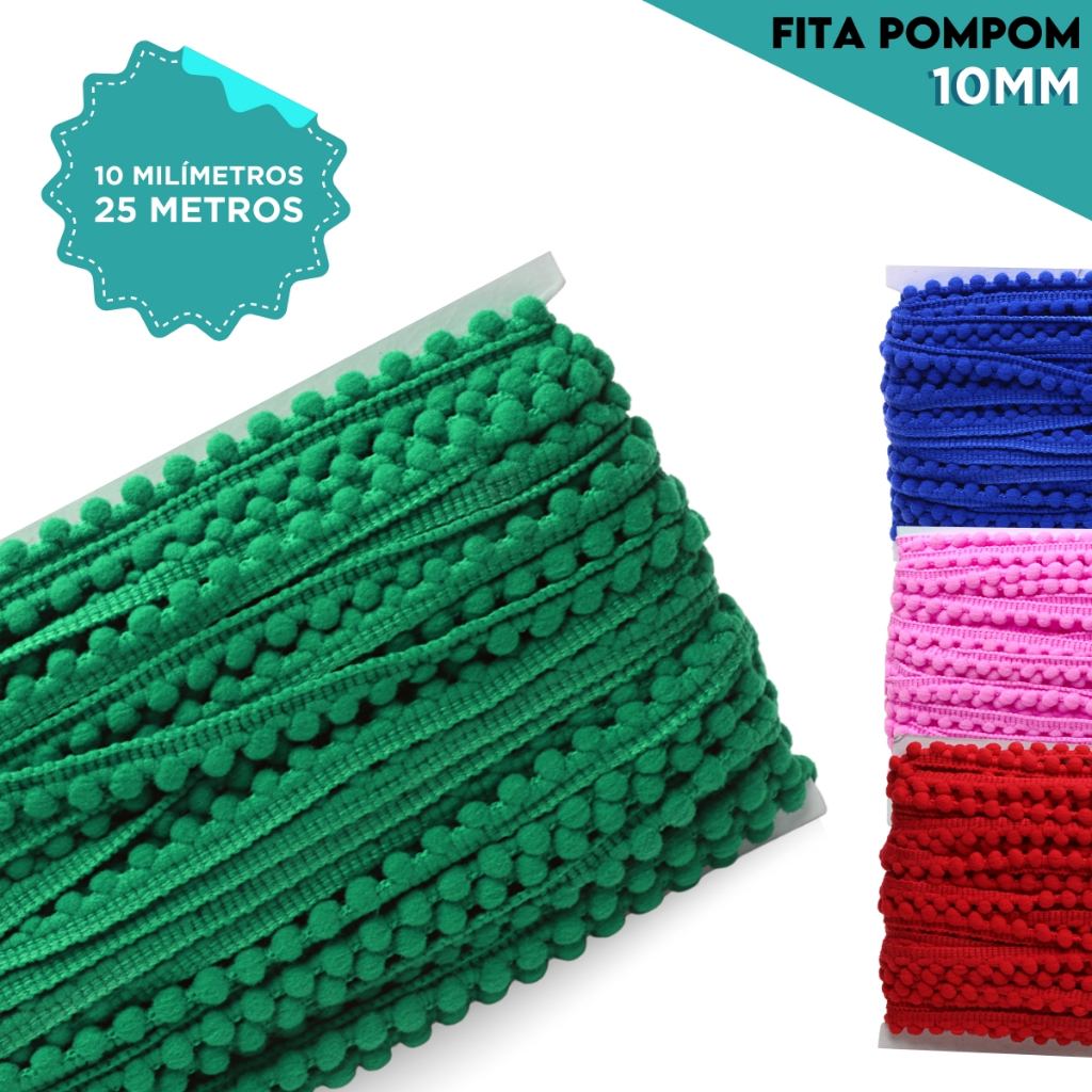 Fita Pompom 10mm C/25 Metros | Para Aplicação em Fantasias, Tiaras, Roupas - CH em Oferta na Shopee