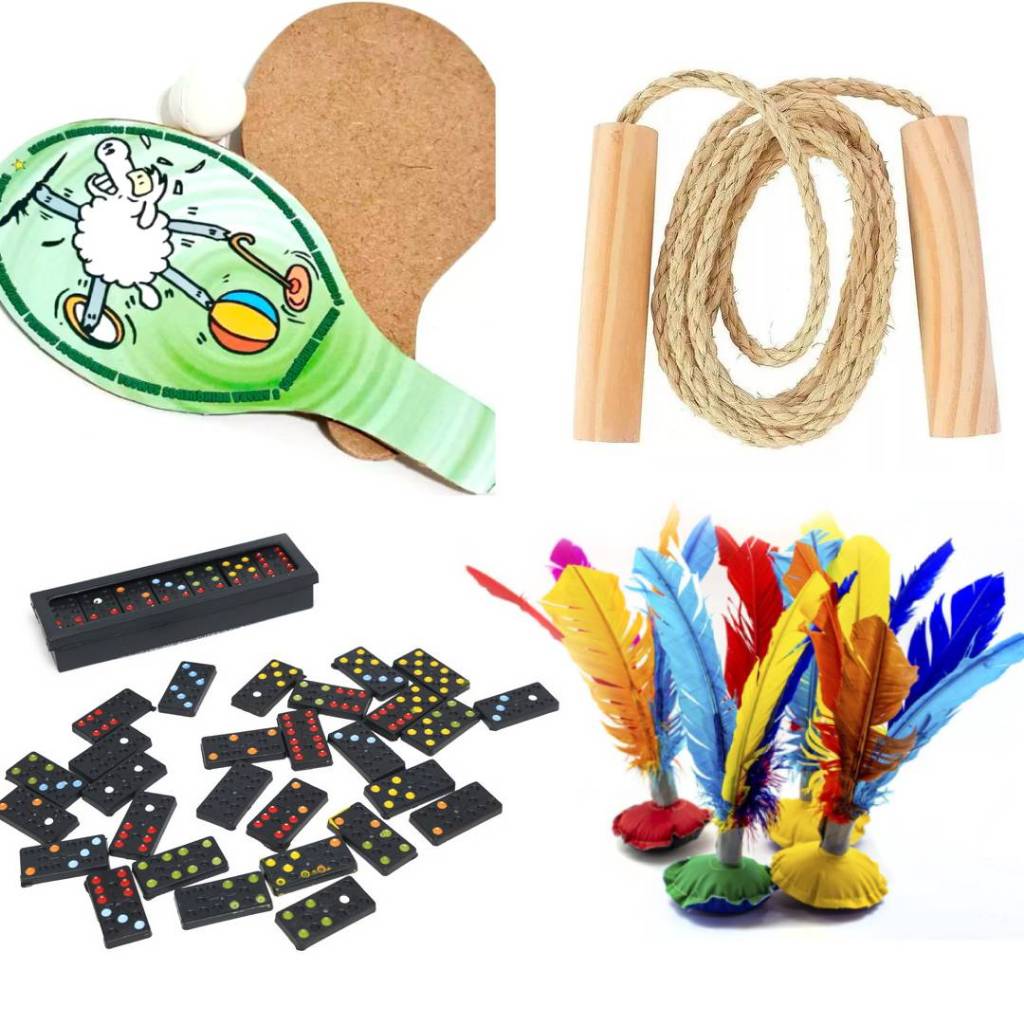 Kit 20 Brinquedos p/ Lembrancinha Infantil Prenda Atacado Dominó Raquete Corda de Pular Peteca