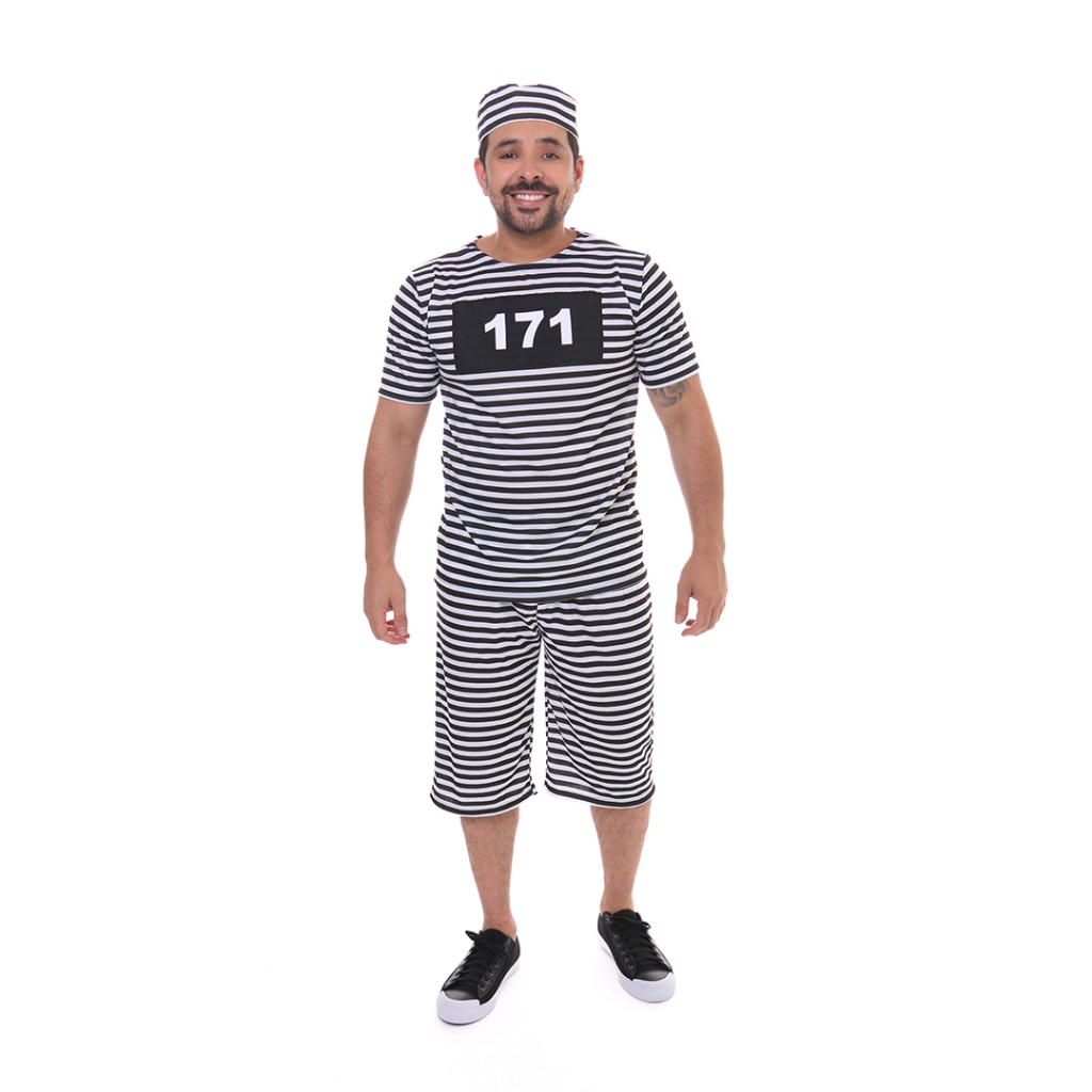 Fantasia Presidiário Masculino Adulto Listrado Conjunto