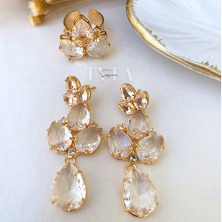 Brinco e anel cristal com banho de ouro gotas / brinco cristal dourado / brinco gotas