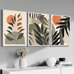 Kit 3 Quadros Decorativos Folhagem Abstarta Moldura 40X60 cm Com Cores Terrosas