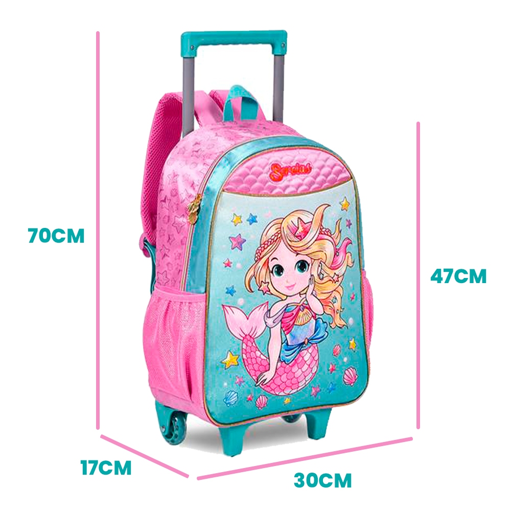 Kit Mochila De Carrinho Estojo Lancheira Infantil Sereia Mermaid Princesa Do Mar Meninas Clio Kids