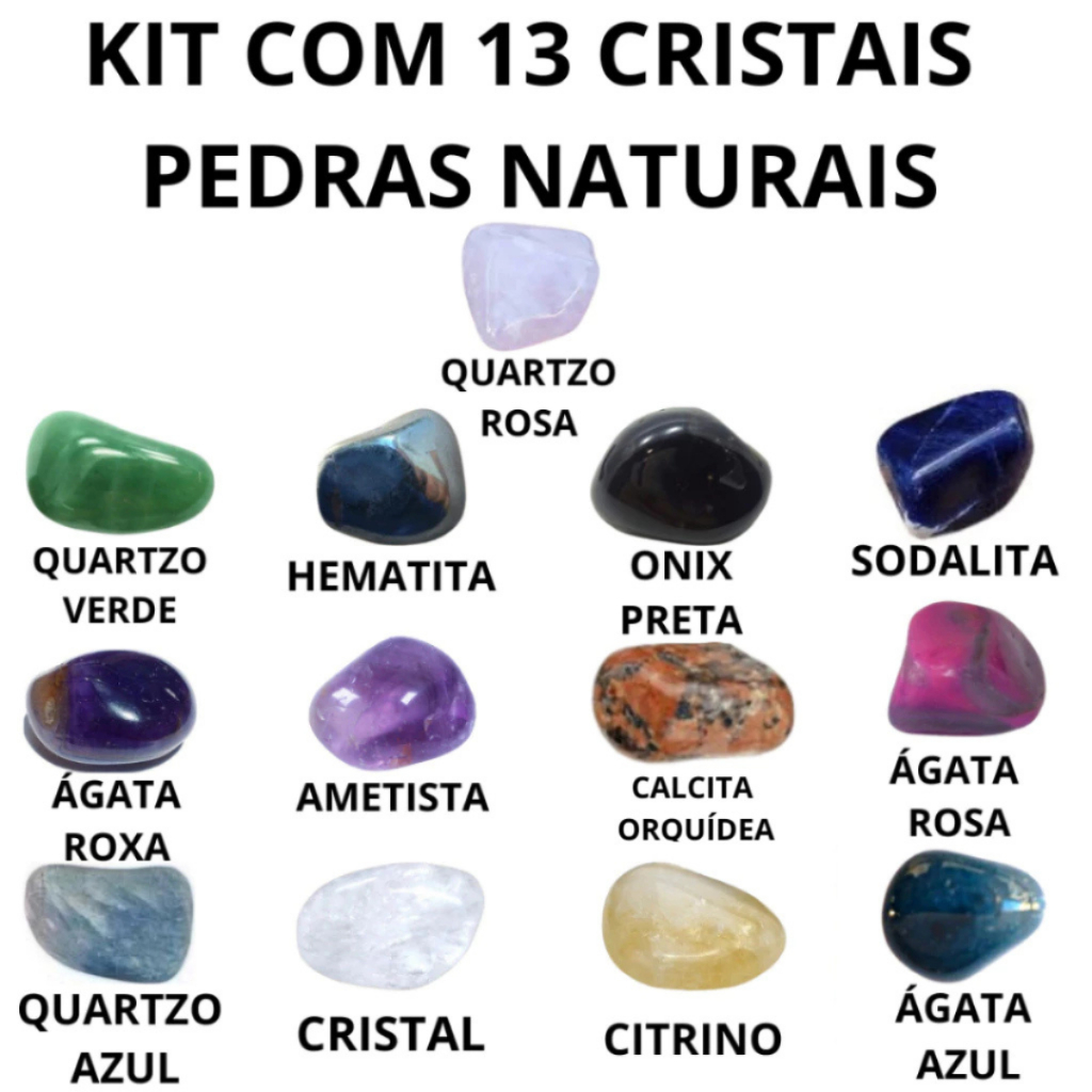 Kit 13 Cristais Naturais Pedras Roladas - Hematita, Quartzo Verde, Quartzo Rosa, Onix...