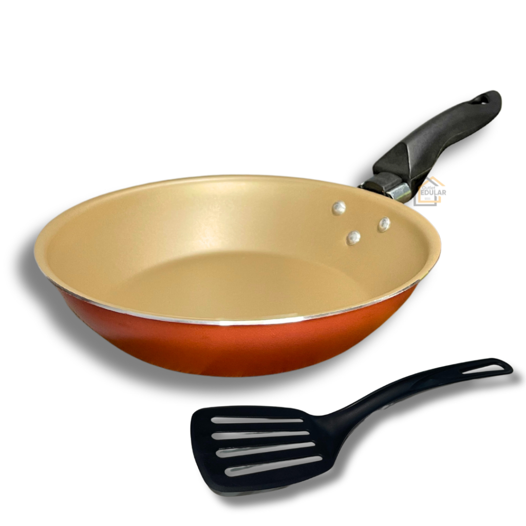 Frigideira 22 cm Francesa Antiaderente Teflon com Espátula Nylon Cor Cereja e Bege Dourado