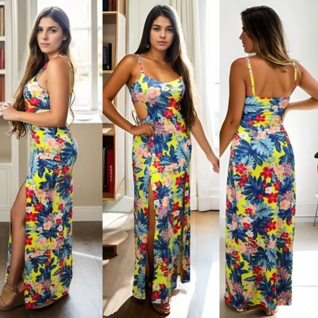 Vestido Longo Feminino Estampado Floral Alcinha Fendas Frontais Bojo Caimento Leve Elegante