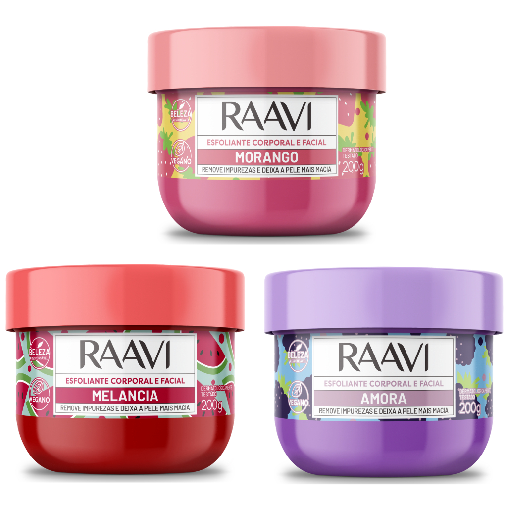 Raavi Esfoliante Facial e Corporal 200g LANÇAMENTO Verão morango melancia amora