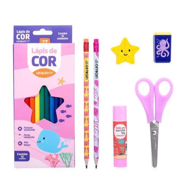 Kit Escolar Material Infantil Fundo Do Mar Sereia Lapis de Cor Leo e Leo Tesoura Borracha Apontador