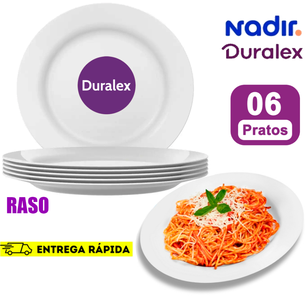 Kit 6 Prato Opaline Menu Duralex Raso 24cm Branco Nadir Jantar Redondo