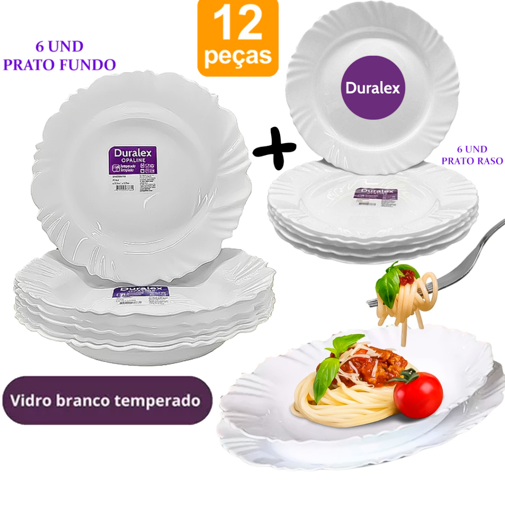 Kit 12 Pratos Pétala Duralex Vidro Resistente Opaline 6 Prato Fundo + 6 Prato Raso Jantar e  Almoço