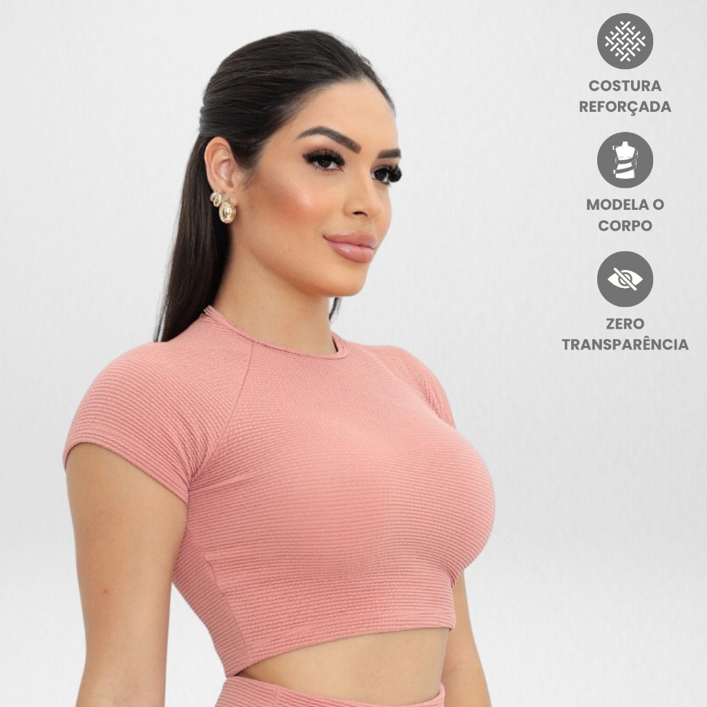 Cropped Feminino Canelado Top Camiseta Roupa Esportiva Academia Fitness