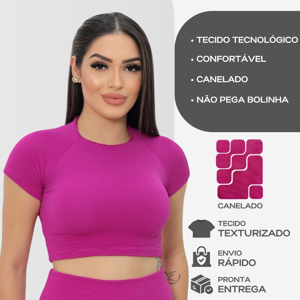 Cropped Canelado Feminino Top Camiseta Roupa Academia Esportiva Fitness