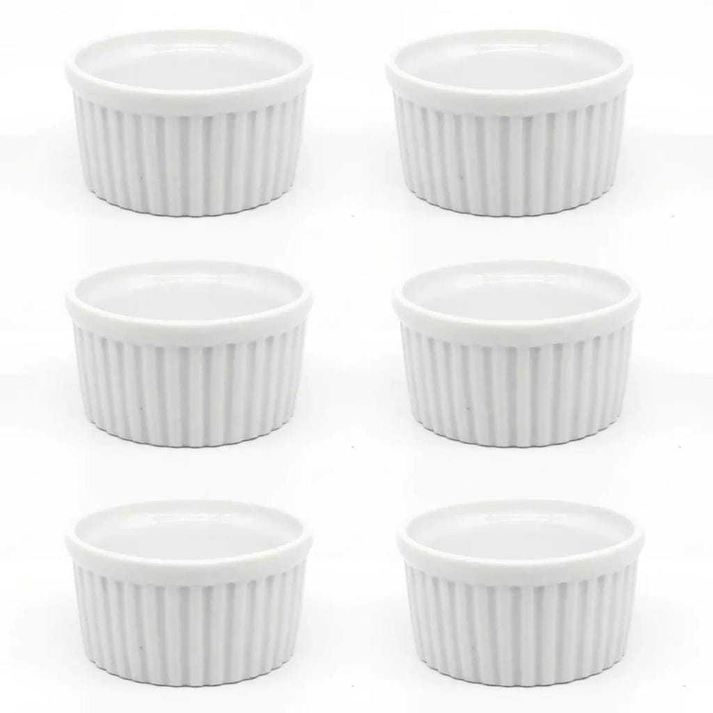 Kit Tigelinhas de Porcelana 6 pecas Ramekin Branca Canelada Petiscos Molheira ramequim pequeno