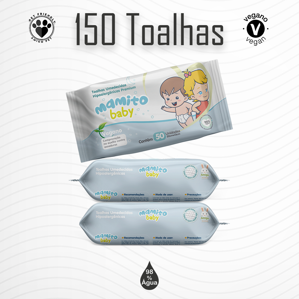Kit 03 Pacotes Toalhas Umedecidas MAMITO BABY 50 Folhas 20X13 cm - Vegano - 98% Água