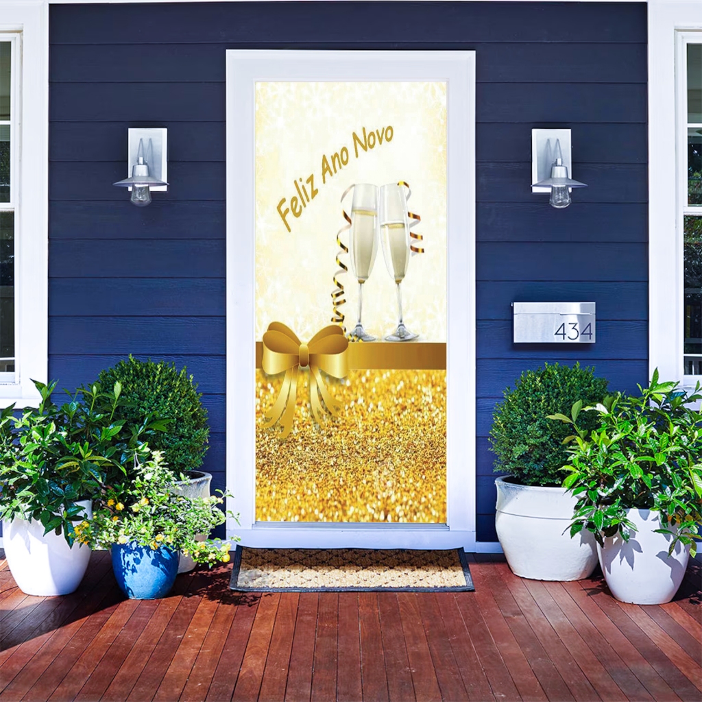 Capa de Porta Decorativa Sublimada com Elástico Veste Fácil 0,85x2,10 Temática Ano Novo
