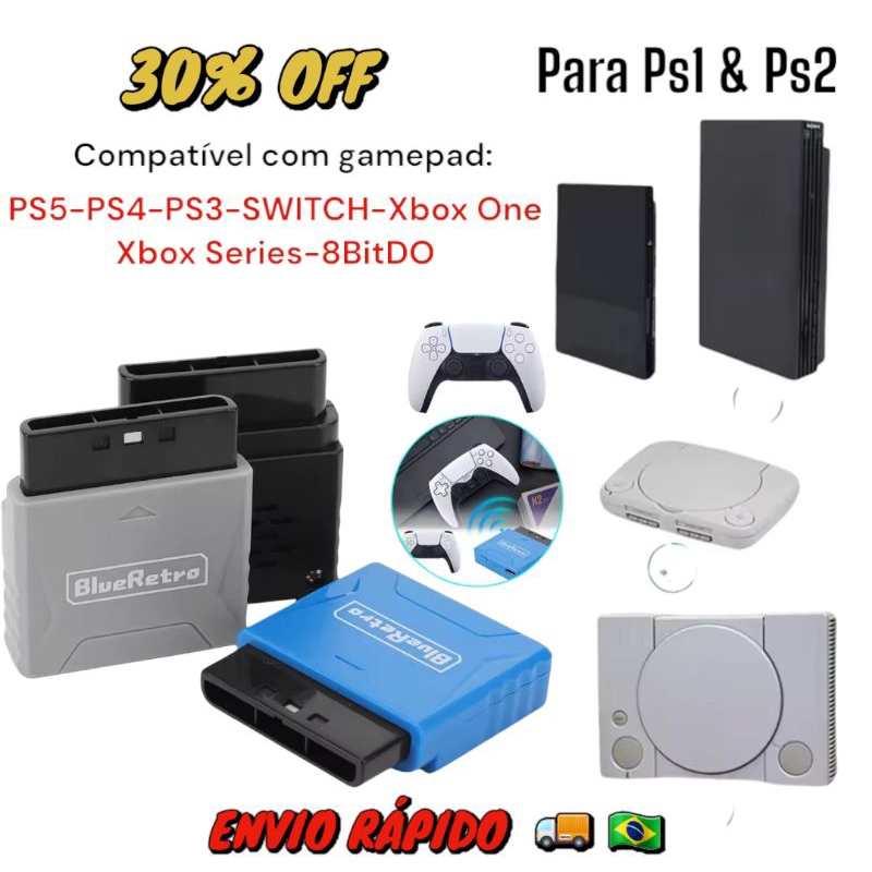 RetroScaler BlueRetro Adaptador de Controle Sem Fio para PS1/PS2 Compat 8bitdo PS4 PS5 Xbox Series X