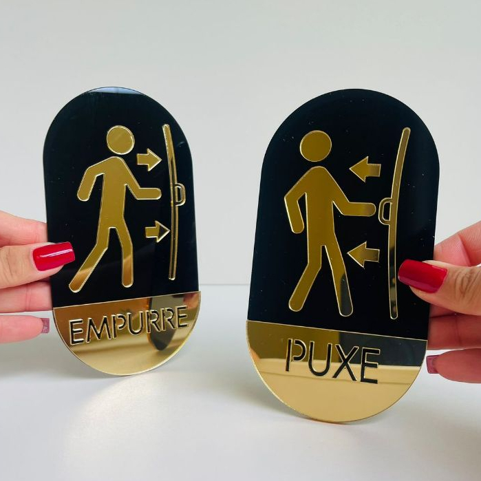 Placa Puxe Empurre Sinalização Acrílico Espelhado Direção Porta